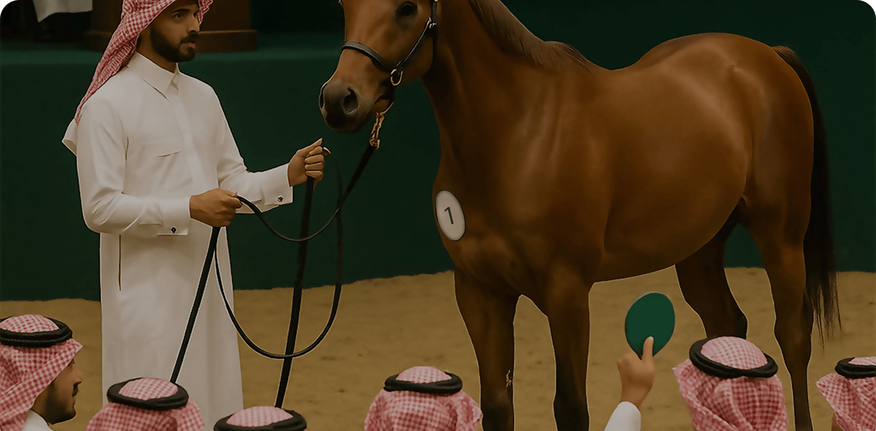 Horse auction scene with traditional Arabian setting